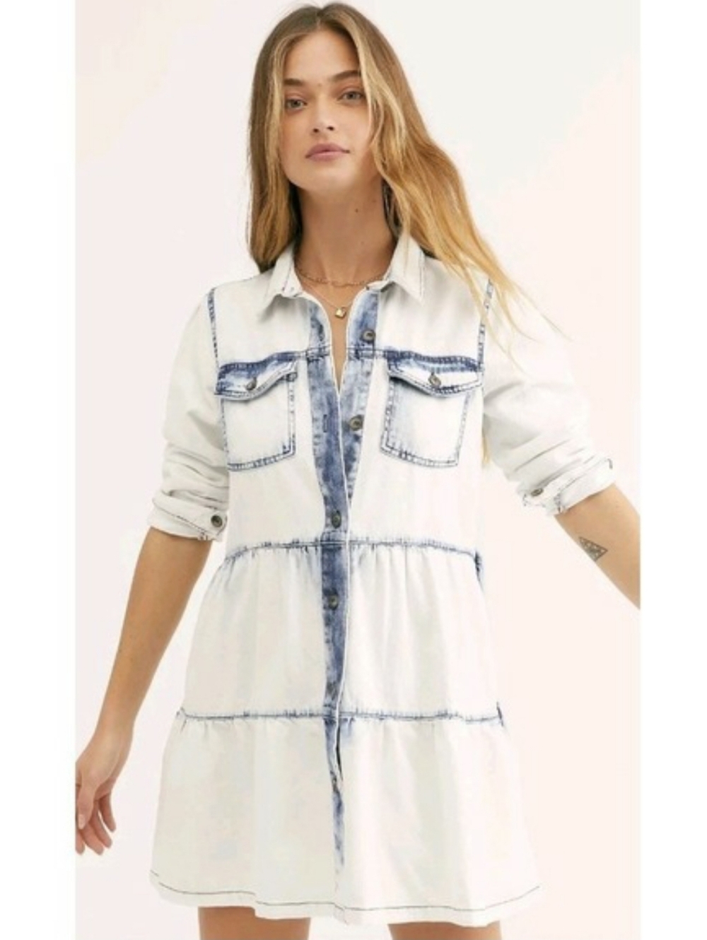 Free People Nicole Denim Tiered Shirtdress Washed White Acid Y2k 80s 90s Sz M